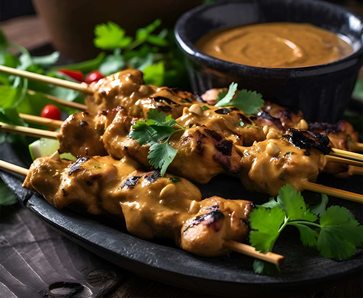 Marinerat grillspett med rostade jordnötter, risnudlar och nuoc cham