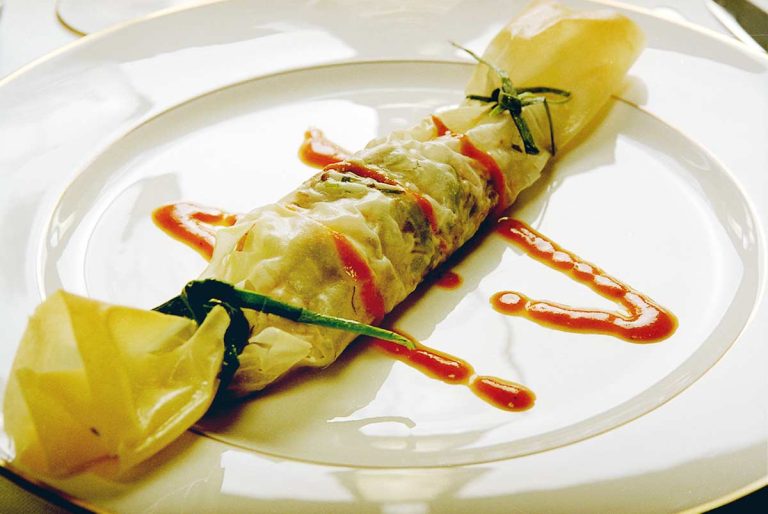 Smällkaramell med fläsk- och räkfyllning