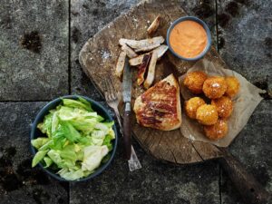 Grillad Secreto Iberico med chorizoris och romescosås