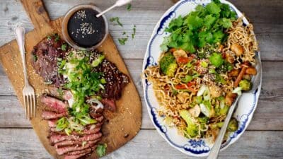 Flankstek teriyaki med nudel och grönsakswok